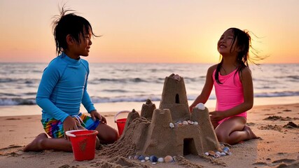 Young children build sandcastle on beach at sunset during summer vacation - Powered by Adobe