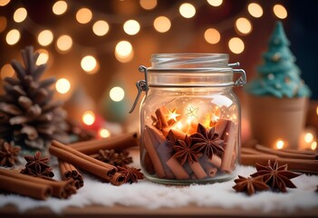 A jar with cinnamon, star anise and dried orange slices and other festive elements. A cozy winter scene on a blurred background.