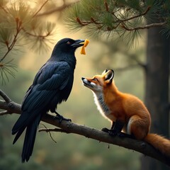 Obraz premium Black raven sits on pine branch holding cheese in beak. Orange fox looks up from below. Sunlight breaks through trees. Wild animals interact in forest.