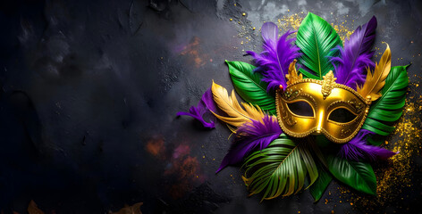 Golden masquerade mask with purple and green feathers on dark luxury background.