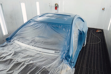 Professional car painting in a specialized spray booth at an auto service center. Body repair and surface preparation process. Quality maintenance and technical service for modern vehicle transport.