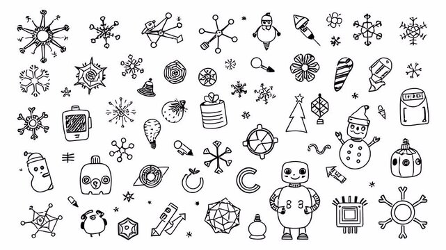 Hand-drawn doodle animation with alpha channel on transparent background featuring winter robots, snowflakes, ornaments, gifts and cute festive tech sketches.