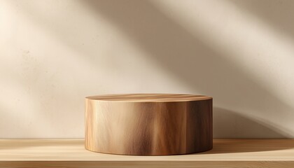 Round Wooden Podium With Cylinder Shape And Spotlight On Top, Casting Shadow On Beige Wall - Front View For Product Presentation. Mockup Included.