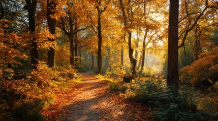 Obraz premium Leaves of orange and yellow cover the path in a forest. Sunlight filters through the trees creating a warm glow. A peaceful scene invites walking and exploration.