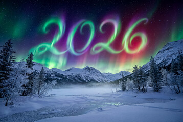 A stunning display of the Northern Lights, colored green and magenta, forms the year '2026' over a dramatic, snow-covered mountain and frozen river landscape at night.