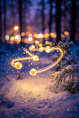 Three glowing light orbs trace a dynamic spiral path above fresh snow and pine needles in a dark forest setting, with warm bokeh lights adding depth to the background.