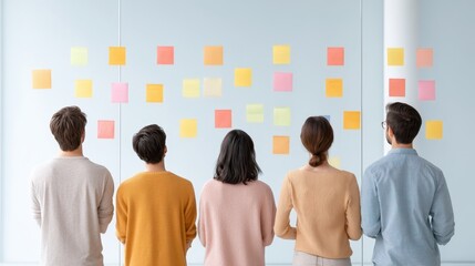 Group of people are standing in front of a wall covered in sticky notes. Business research.