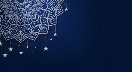 White mandala with hanging stars on dark blue background