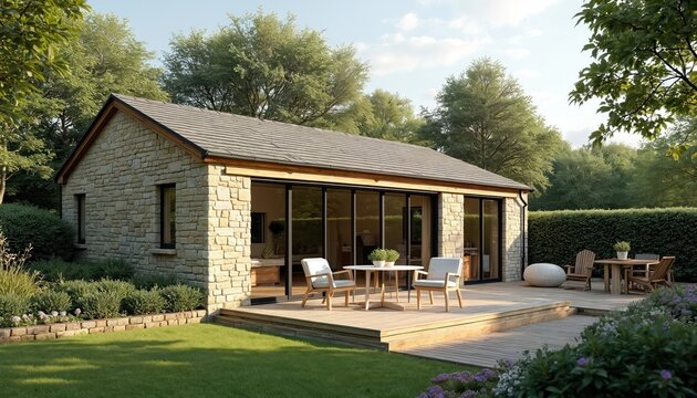 Modern single-storey Granny Annexe Conversion of Barn in UK. Stone building with large glass doors, windows, surrounded by plants. Wooden deck with outdoor furniture. Garden with lawn, flowers, trees.