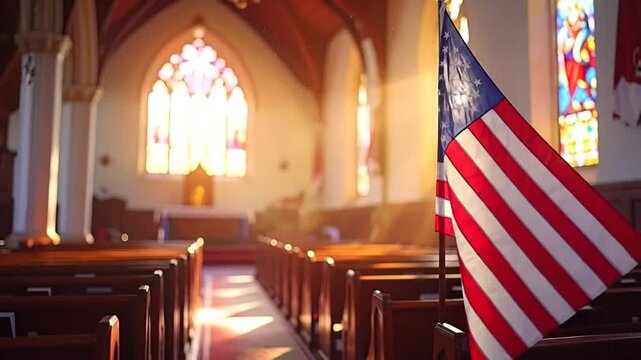 The American flag stands proudly in a serene church interior with wooden pews and stunning stained glass windows.
