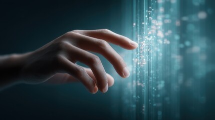 Hand is reaching out to touch a screen with a blue background. Business research.