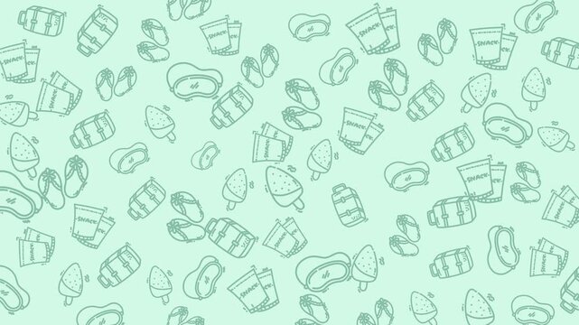 Doodles of beach related items like ice cream and flip flops suitable for summer themed designs, vacation promotions, and seaside product packaging.