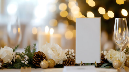 Elegantly styled table setting featuring white roses, pine cones, and gold ornaments, illuminated by soft, festive lights, creating a warm and inviting atmosphere.