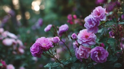 Obraz premium Bright flowers grow in a garden filled with various colors. The scene shows many pink flowers surrounded by green leaves and soft light coming through nearby trees.