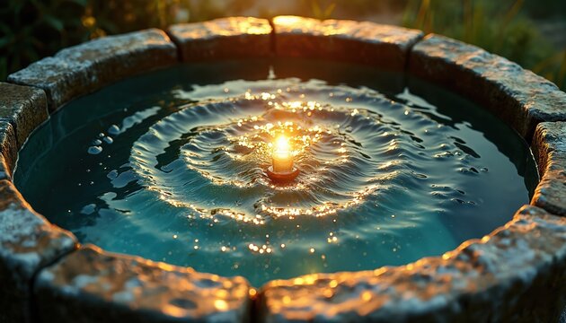 Baptismal font with stone border filled with water. Sunlight reflects on rippling water surface. Drops create concentric circles. Ritual symbol for spiritual rebirth.