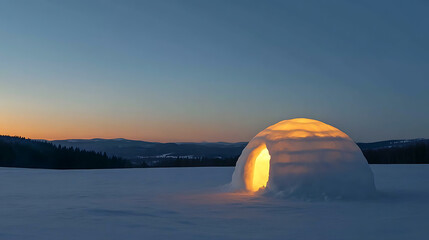 A cozy snow retreat on a cold winter's night; the interior light warms the snow, showing an inviting shelter away from the elements. A refuge in the snowy expanse.