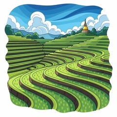 Vibrant emerald rice terraces cascade across rolling hills under a bright blue sky with fluffy clouds, showcasing a golden pagoda atop a distant peak.