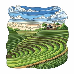 Vibrant green rice terraces cascade under a serene sky, offering a peaceful vista of traditional agriculture and a distant temple
