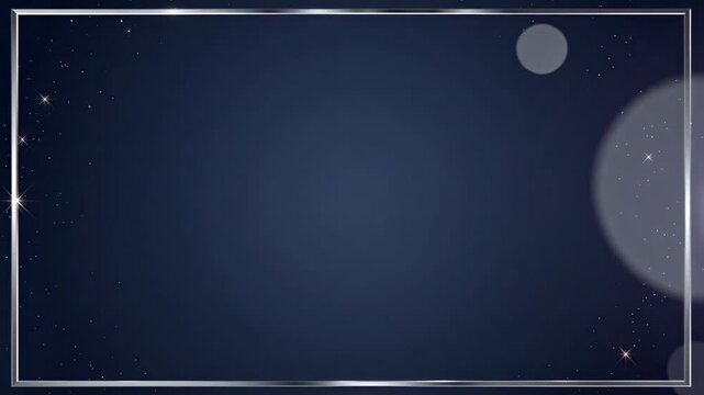 Deep navy luxury background with a thin metallic silver frame and tiny twinkling sparkles around the edges. Subtle soft bokeh glows drift near the corners, leaving a clean brighter center space