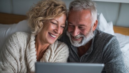 Elderly Couple Chuckling While Utilizing Tablet Device In Their Bedroom, Enjoying Time Together In A Relaxing Setting.