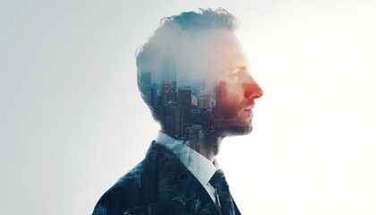Businessman Dons Classic Suit While Gazing At Cityscape In Striking Double Exposure Image. Cascading Urban Landscape Unfolds Behind Him Stylishly.
