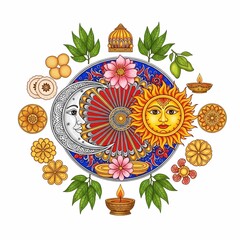 Vibrant sun and moon celestial art with traditional motifs, flowers, and diya lamps creating a festive, spiritual ambiance for cultural celebrations