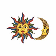 Vibrant sun and crescent moon celestial symbols radiating positive energy and cosmic harmony, perfect for spiritual or astrological themes