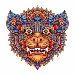 Vibrant ornamental lion face with intricate mandalas and bold colors, representing strength and cultural heritage for diverse design projects.