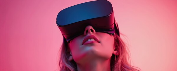 Young woman wears VR headset, looks up with wonder. Immersive tech experience in digital world, future gaming and entertainment, virtual reality exploration.