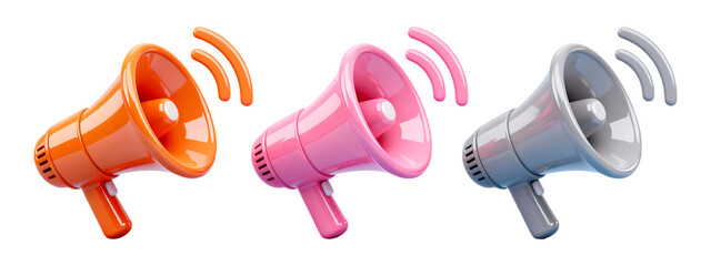 Colorful 3D megaphones with sound waves announcing important messages isolated on transparent background