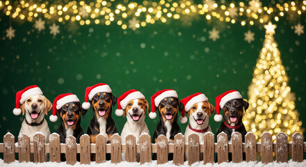 Seven dogs wearing Santa hats behind a snowy wooden fence with a blurred festive Christmas tree and bokeh lights, representing holiday cheer