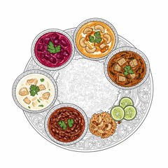Vibrant Indian Thali meal with diverse curries, rice, and snacks beautifully arranged on a decorative plate, perfect for culinary content.