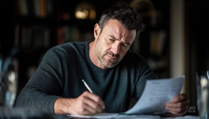 Mature Caucasian Man Works From Home While Reviewing Insurance Contracts And Tax Refund Documents, Contemplating Content Seriously