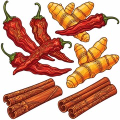 Vibrant culinary spices like chili peppers, turmeric roots, and cinnamon sticks adorned with intricate patterns, perfect for food and beverage projects.