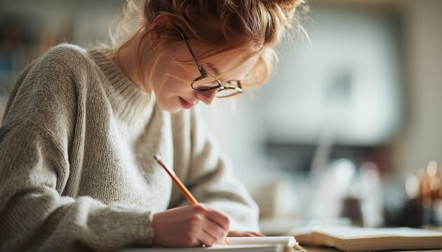 Young Caucasian Female Student Studying At Home By Writing And Reading In Her Notebook, Holding A Pencil In Hand, Preparing For Exams, With Copy Space.
