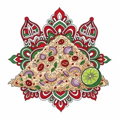 Vibrant culinary creation featuring a delicious grain salad with fresh ingredients, presented with festive mandala-inspired decorative elements