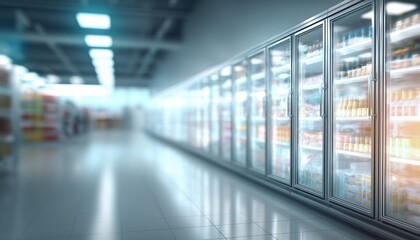 Blurred View Of Commercial Refrigerators In A Spacious Supermarket: A Glimpse Into The Busy Retail Environment. The Hazy Store Atmosphere.