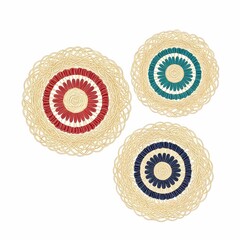Stunning trio of woven circular decorative wall hangings with vibrant floral centerpieces in red, teal, and navy