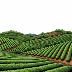 Vibrant green tea plantation stretches across rolling hills, offering a serene agricultural landscape for peaceful retreats and organic product branding.