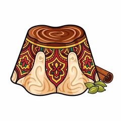 Delicious creamy dessert with rich chocolate top adorned with vibrant ethnic patterns, spiced with cinnamon and cardamom for an exotic taste experience.