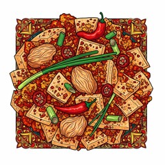 Vibrant, appetizing illustration of spicy tofu and meat dish with chili peppers and scallions, perfect for culinary themes.