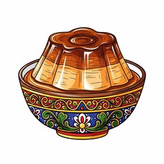 Indulge in rich, creamy caramel flan dessert beautifully presented in a vibrant, hand-painted ceramic bowl, perfect for culinary inspiration.