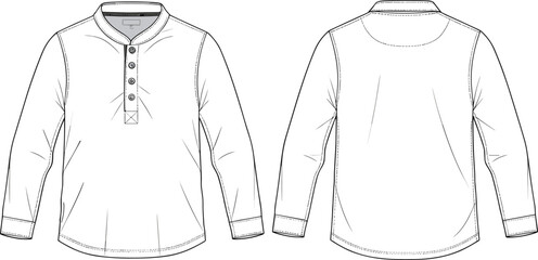 Henley shirt technical sketch, fashion illustration, long sleeve design, button placket, front and back view, garment blueprint, vector apparel template