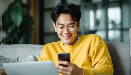 Young Asian Man Enjoys Relaxing At Home While Using A Laptop For Work And Video Conference Meetings. He Is Creative And Uses A Smartphone For Messaging While Working Remotely.