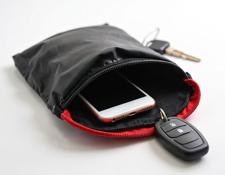 Phone in black faraday bag for signal blocking. Car key and metal keys lie nearby. Device security protection for data privacy. Prevent cell hacking theft from device.