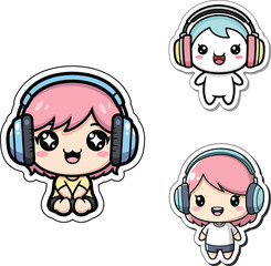 Obraz premium Cute kawaii anime cartoon characters wearing headphones and listening to music, adorable digital art stickers