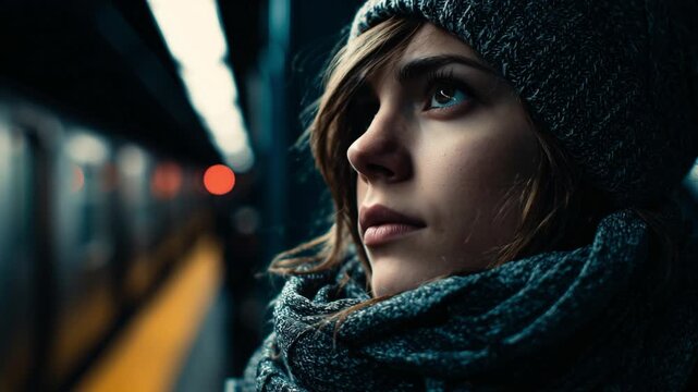 Primer plano de mujer viajera con mirada reflexiva en el tren subterr&aacute;neo.