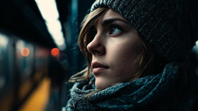 Primer plano de mujer viajera con mirada reflexiva en el tren subterr&aacute;neo.