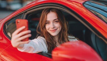 Joyful Young Woman Taking Selfie In Red Car With Chestnut Hair, Smiling And Making Purchase Of Beautiful Automobile. Elegant Female Customer.
