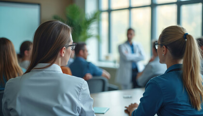 Obraz premium Medical professionals attend seminar in modern conference room. Doctors, nurses, staff attentively listen to speaker for continuous education, professional development. Group learns new medical tech,